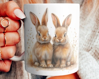May include: White ceramic mug with a brown bunny rabbit illustration. Two bunnies are sitting side by side with their ears up. The background is a light brown with small white dots.