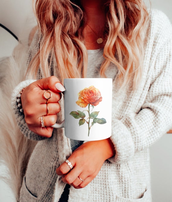 Orange Rose Aquarell Becher, Rose Becher, Blumen Becher, Blumenbecher, Blumengeschenk Becher, Rose Geschenk, Blumenbecher Geschenk, Geschenk für sie, Naturbecher Geschenk,
