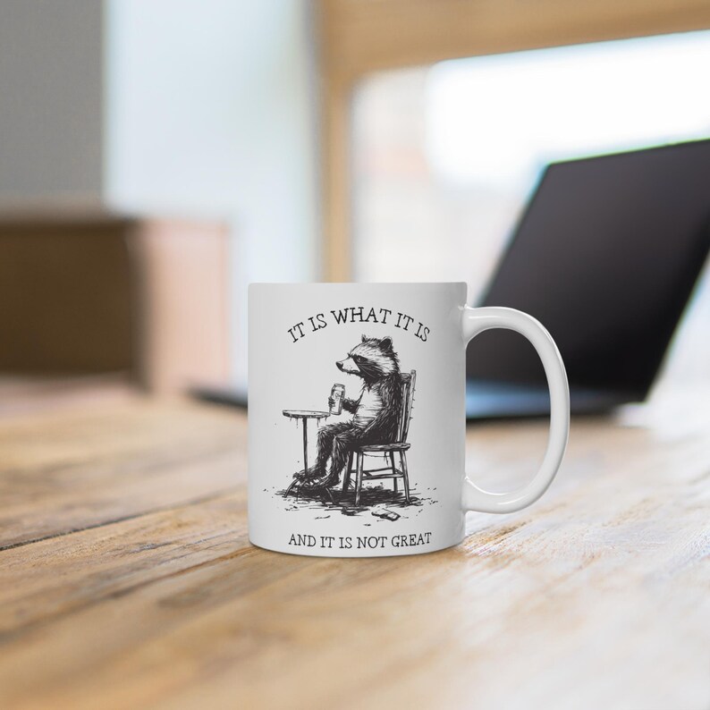 It Is What It Is And It Is Not Great Mug, Dark Humor Mug, Gift For Friend & Coworker, Funny Sarcastic Gift, Grim humor Gift, Racoon Meme, image 3