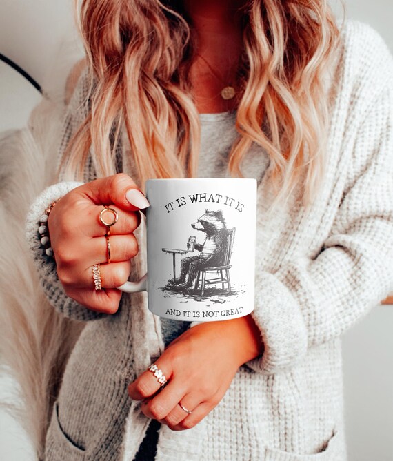 It Is What It Is And It Is Not Great Mug, Dark Humor Mug, Gift For Friend & Coworker, Funny Sarcastic Gift, Grim humor Gift, Racoon Meme,