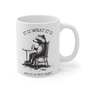 It Is What It Is And It Is Not Great Mug, Dark Humor Mug, Gift For Friend & Coworker, Funny Sarcastic Gift, Grim humor Gift, Racoon Meme, image 5