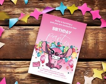 EDITABLE PARTY CARD Invitation for kids party, craft, Stitch, bright and colorful invitation, children's party, partytime, girls