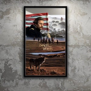 May include: A movie poster for the film "Dances with Wolves". The poster features a man in a military uniform holding an American flag, with a wolf in the foreground and a herd of buffalo in the background.