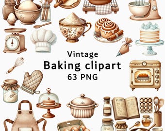 Clipart de repostería vintage, clipart de repostería estética neutra, clipart de repostería de cocina rústica, PNG de repostería acogedora de acuarela, clipart de panadería retro