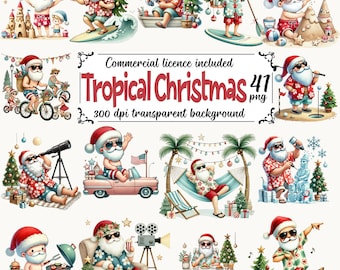 Tropische kerst clipartbundel, strand kerst clipart, kustkerst clipart, kerst in juli clipart, zomer kerstman clipart png