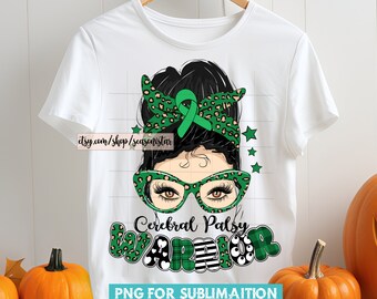 May include: White t-shirt featuring a graphic of a woman with green glasses, a green headband, and a green ribbon. The text "Cerebral Palsy Warrior" is displayed in a mix of green leopard print, plaid, and black and white patterns. The shirt is on a hanger.