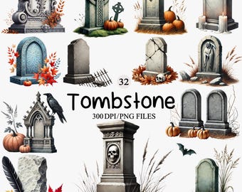Watercolor Tombstone Clipart, Spooky Graveyard PNG, Halloween Grave Clip Art, Gothic Headstone Digital Download Halloween Tombstone Clipart