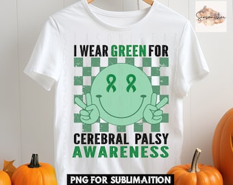 May include: White t-shirt with a green smiley face with green ribbon eyes and the text "I wear green for Cerebral Palsy Awareness".