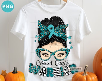 May include: A white t-shirt with a teal and black design of a woman with a teal ribbon in her hair and teal glasses. The text "Cervical Cancer Warrior" is written in teal, black, and white letters.