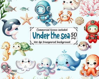 Undersea Watercolor Clipart, Watercolor Ocean Animals Nursery Art, Cute Baby Shower Sea Animals Clipart, Nautical Watercolor Clipart Bundle
