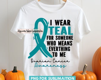 Op de afbeelding: Turquoise lintontwerp voor bewustwording met de tekst "Ik draag turquoise voor iemand die alles voor me betekent" en "Ovariumkanker bewustzijn". PNG voor sublimatie.