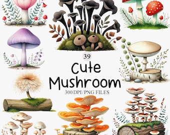 Cottagecore Mushroom Clipart, Cute Mushroom PNG, Watercolor Forest Fungi Clipart, Whimsical Mushroom PNG Bundle, Watercolor Fungi Clipart