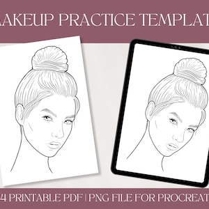 Puede incluir: Un dibujo en blanco y negro de un rostro de mujer con un moño. El dibujo está sobre un fondo blanco y es adecuado para practicar maquillaje.