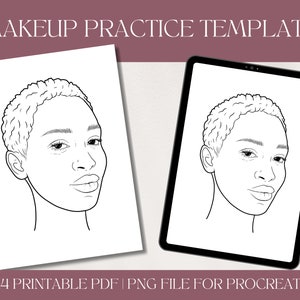 May include: A black and white line drawing of a person's face with short hair. The face is outlined and the hair is detailed. This printable template is for makeup practice.