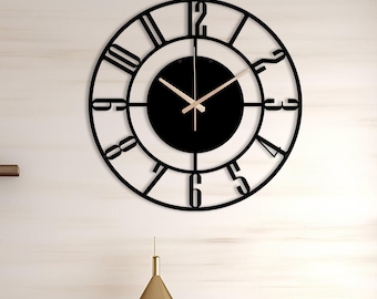 Oversized Black Latin Numeral Wall Clock,Modern Silent Metal Wall Clock,Decorative Clock For Wall,Extra Large Home Decor,Housewarming Gift