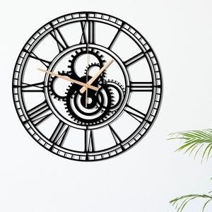 Gear Clock, Silent Large Black Metal Wall Clock, Modern Decorative Wall Clock, Big Wall Clock For Wall, Unique Wall Clock, Gift for him