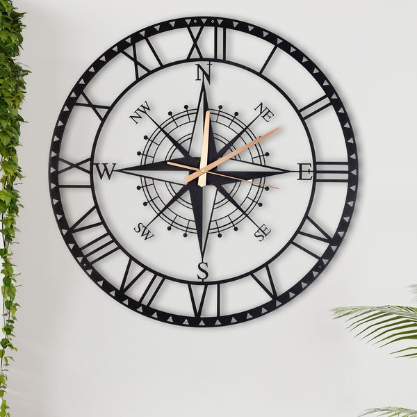 Horloge Murale Moderne, Black Large Compass Metal Wall Clock,Unique with Roman Numerals Clock,Silent Clock for Kitchen, Home Decor
