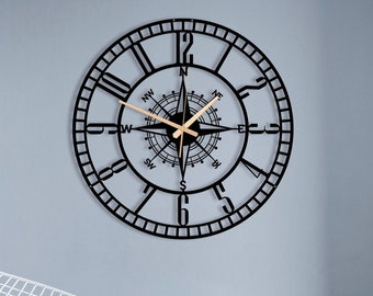 Compass Wall Clock Unique With Numbers, Modern Custom Black Large Wall Decoration For Kitchen, Farmhouse Wall Decor, Home Gift