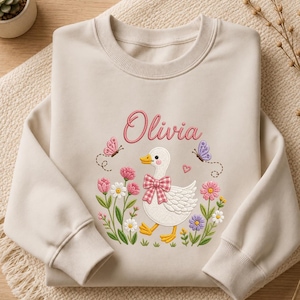Personalized Goose Embroidered Shirt, Custom Name Floral Goose T Shirt, Cute Spring Duck Sweatshirt, Butterfly Garden Tee, Girl Gift