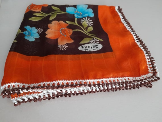 Vintage Flower Orange Scarf, Cotton Floral Turkis… - image 2