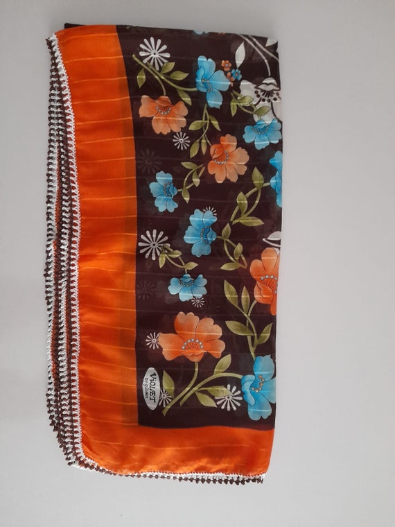Vintage Flower Orange Scarf, Cotton Floral Turkis… - image 3