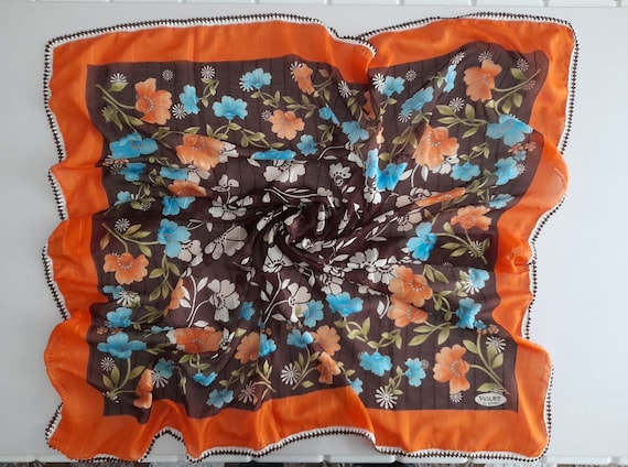 Vintage Flower Orange Scarf, Cotton Floral Turkis… - image 1