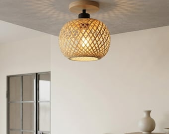 Ręcznie tkana lampa wisząca z bambusa, naturalny rattan, lampa sufitowa, oprawa E27 w stylu retro boho
