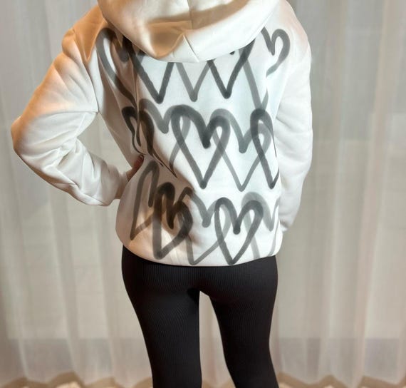 White Sprayed Hoodie With Grey Hearts Teenage/ladies Graffiti  