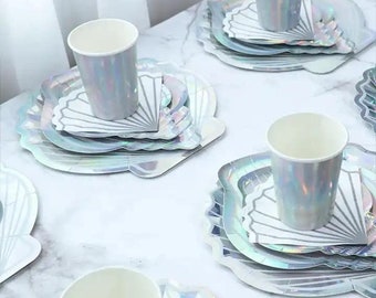 Silver Mermaid Party Tableware Set, Iridescent Shell Plates and Cups