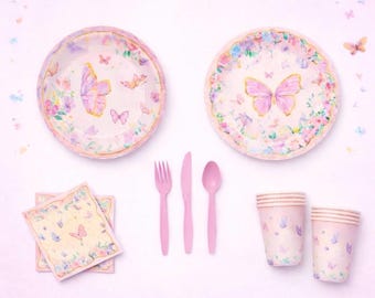 Accessoires de fête papillon : assiettes, tasses, serviettes de table, napperon