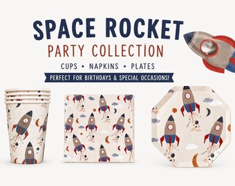 Juego de vajilla para fiesta temática de cohetes espaciales: decoraciones de cumpleaños infantiles