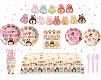 Set de fiesta inspirado en Labubu para 10 personas, decoraciones de cumpleaños de conejito monstruo en tonos pastel.