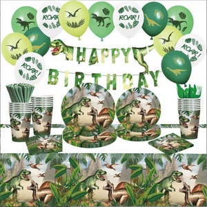 Set di stoviglie monouso per feste a tema dinosauri, piatti di carta, bicchieri di carta, palloncini, decorazioni per feste di buon compleanno, articoli per feste per bambini