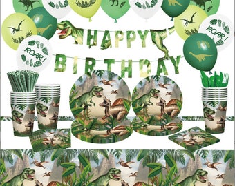 Ensemble de vaisselle jetable pour fête sur le thème des dinosaures Assiettes en papier Gobelets en papier Ballons Décoration de fête pour joyeux anniversaire Articles de fête pour enfants