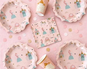 Ensemble de vaisselle d'anniversaire de princesse rose | Accessoires de fête château, licorne, conte de fées