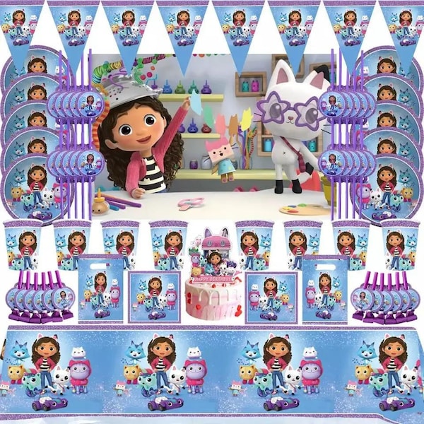 Gabbys Puppenhaus-Partygeschirr, Geburtstagsparty-Set für Mädchen, Teller, Servietten, Tassen, Dekorationen, Banner, Partytüten