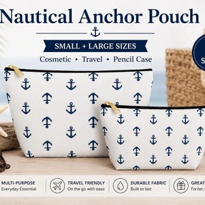 Neceser con base en forma de T, neceser con ancla náutica, neceser de viaje, estuche con cremallera, neceser de maquillaje estilo costero, organizador de estilo playero.