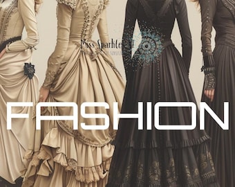 May include: Four women wearing different styles of vintage dresses. The dresses are all long and flowy, with intricate details and embellishments. The women are standing in a line, and the word "FASHION" is written in large letters across the bottom of the image.