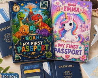 Copertina per passaporto personalizzata per bambini, Il mio primo porta passaporto, Regalo di viaggio con nome personalizzato, 5 simpatici design, Aeroporto, regali per passaporto, regalo per passaporto