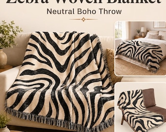 Woven Cotton Blanket with Colorful Fringe, Zebra Print Throw,boho throw, boho throw blanket