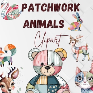 Può includere: Un set di clipart di animali in patchwork che include un cigno, un gufo, una volpe, un cervo, un orsacchiotto, un gatto e un pinguino. Gli animali sono tutti realizzati con tessuti di diversi colori e hanno un aspetto fantasioso e fatto a mano.