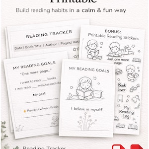May include: A printable kids' reading tracker with the text "Kids Reading Tracker Printable." Includes a reading tracker, goals page, and coloring pages. Bonus: printable reading stickers. The design features illustrations of children reading.