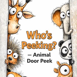 May include: A whimsical illustration features a giraffe, elephant, panda, lion, beaver, and a duck-like creature peeking from behind a wall. The text "Who's Peeking? - Animal Door Peek" is in orange. The artwork has a cartoonish style.