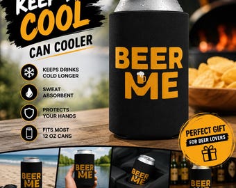 Enfriador de latas de cerveza para fiestas "Beer Me", divertido enfriador de latas, aislante de latas negro, regalo para amantes de la cerveza, accesorio para fiestas al aire libre, regalo para padrinos de boda