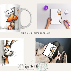 May include: A white ceramic mug featuring a cartoon crab design with large eyes and orange claws. The crab is peeking from behind a wall. The image also includes a drawing of a bird, a rabbit, and a tablet with a bird drawing.