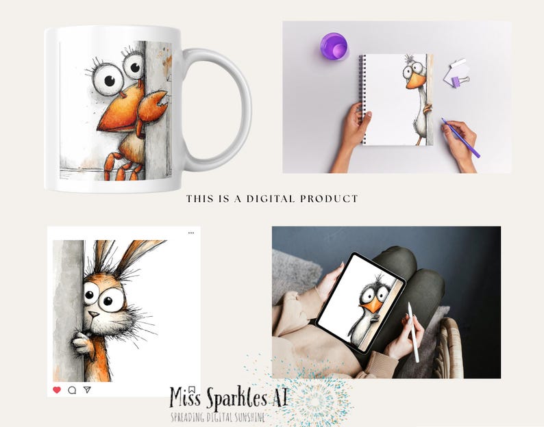 May include: A white ceramic mug featuring a cartoon crab design with large eyes and orange claws. The crab is peeking from behind a wall. The image also includes a drawing of a bird, a rabbit, and a tablet with a bird drawing.