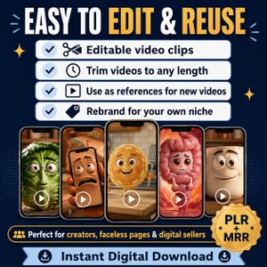 May include: An advertisement promoting digital video clips. The text reads "Easy to Edit & Reuse" with features like editable clips, trimming, and rebranding. Five animated characters are displayed on smartphones. The bottom banner says "Instant Digital Download".