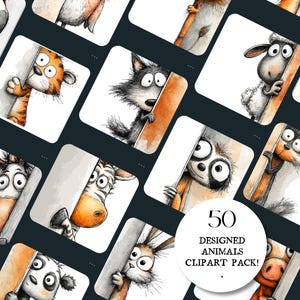 May include: A collection of watercolor animal illustrations, each peeking from behind a white sign. The animals include a tiger, wolf, sheep, zebra, and more. The text "50 DESIGNED ANIMALS CLIPART PACK!" is in a white circle.