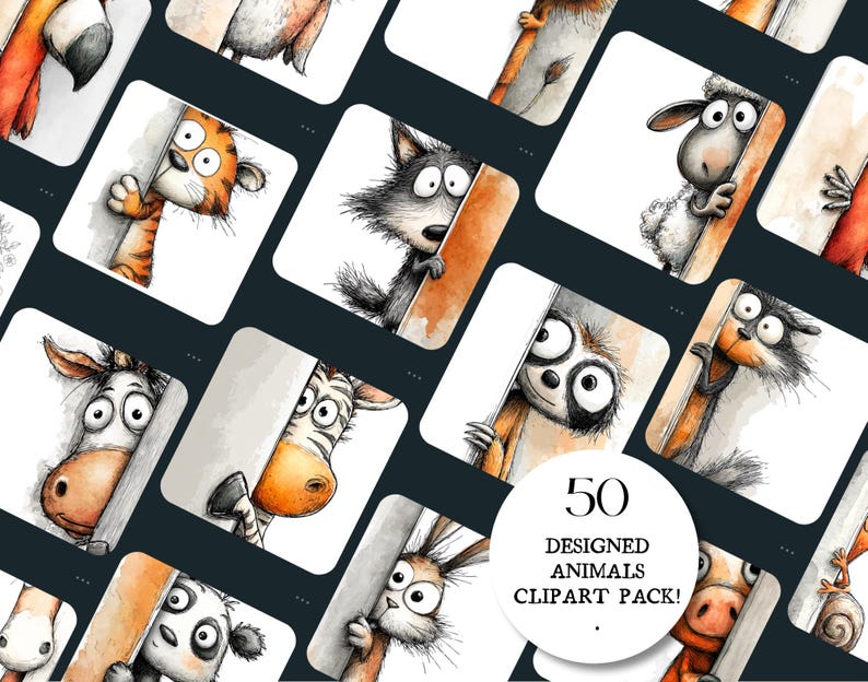 May include: A collection of watercolor animal illustrations, each peeking from behind a white sign. The animals include a tiger, wolf, sheep, zebra, and more. The text "50 DESIGNED ANIMALS CLIPART PACK!" is in a white circle.