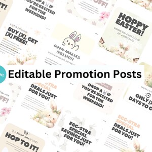 Publicaciones en redes sociales sobre rebajas de Pascua / Plantillas editables de Canva / Diseños de promociones de primavera / Gráficos de marketing con temática de conejitos y huevos / Canva edit